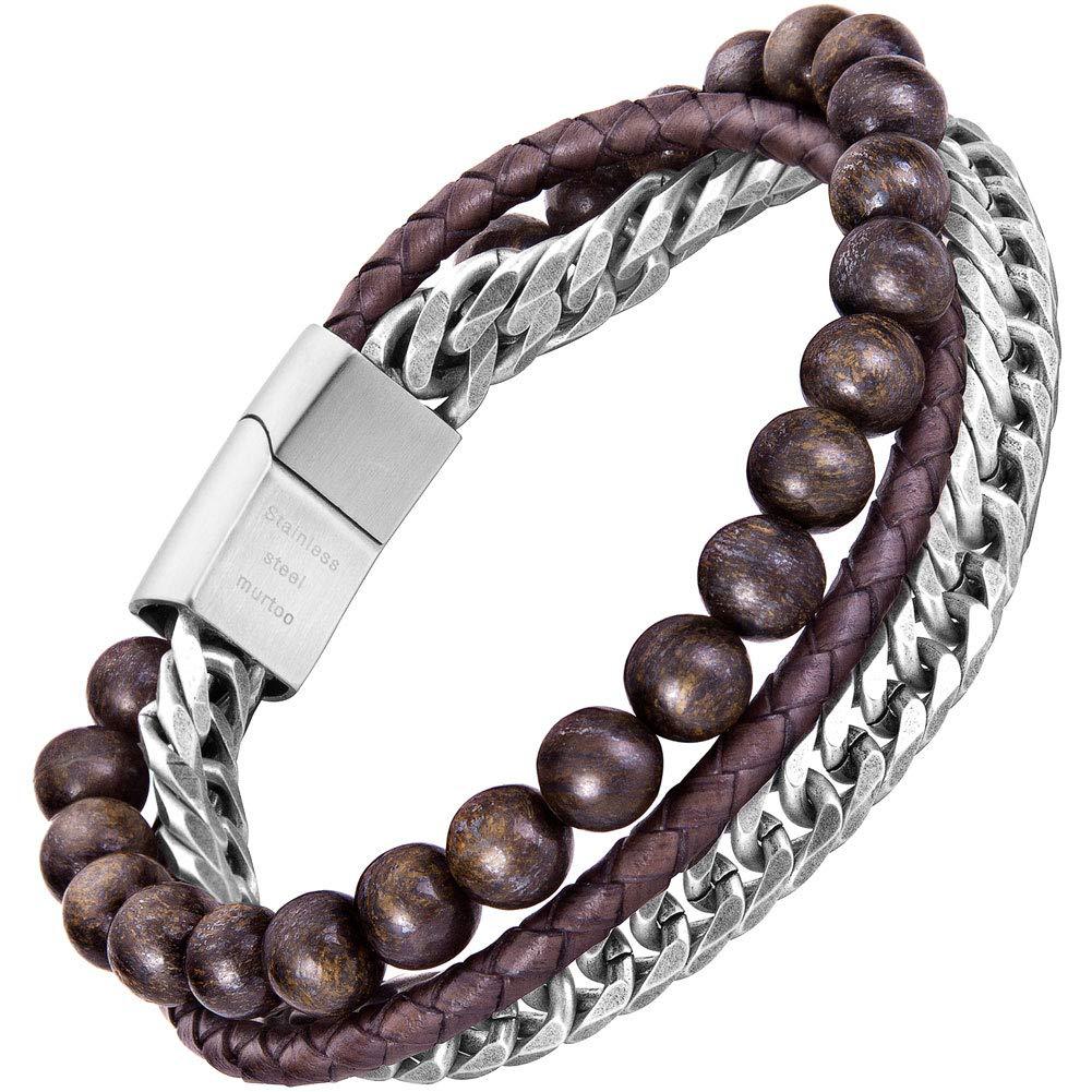 Men's Wooden Bead Leather Stainless Steel Three Sections Magnetic Bracelets