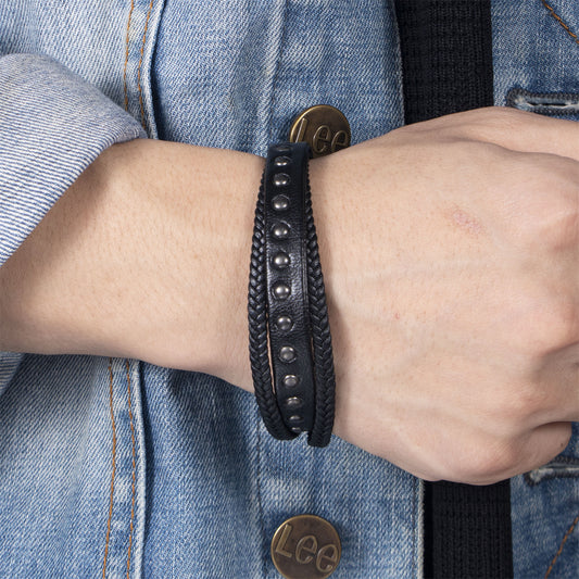 Men's Woven Leather Unique Punk Style Rivet Bracelet