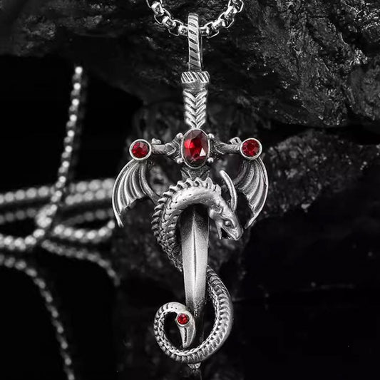 Men's Retro Multicolor Gem Dragon Sword Stainless Steel Chain Punk Necklaces