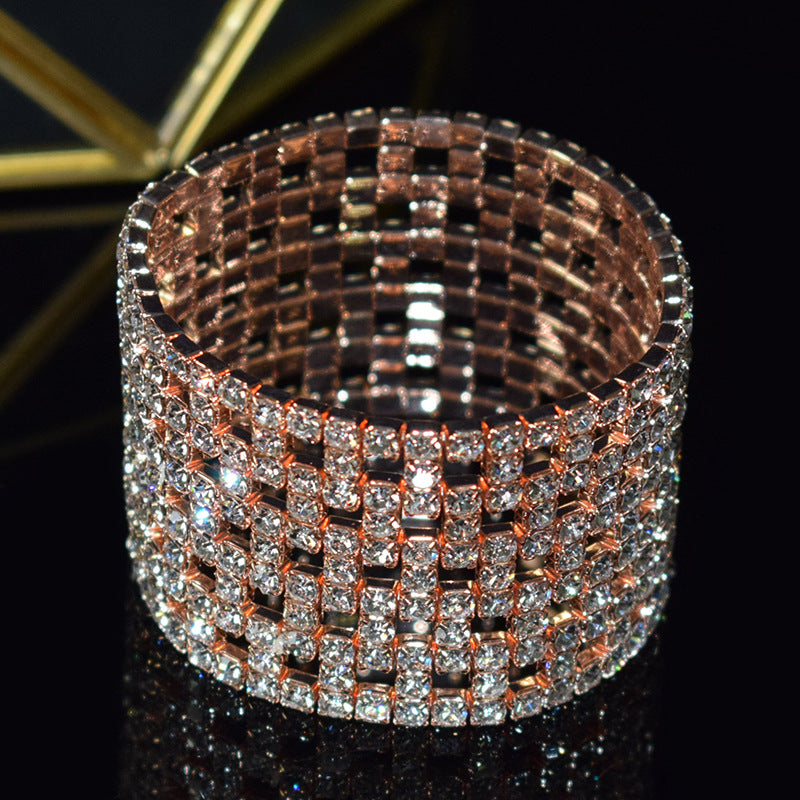 Elastic Hollow Rubber Band Full Rhinestone Exaggerated Wide Bangle Bracelets