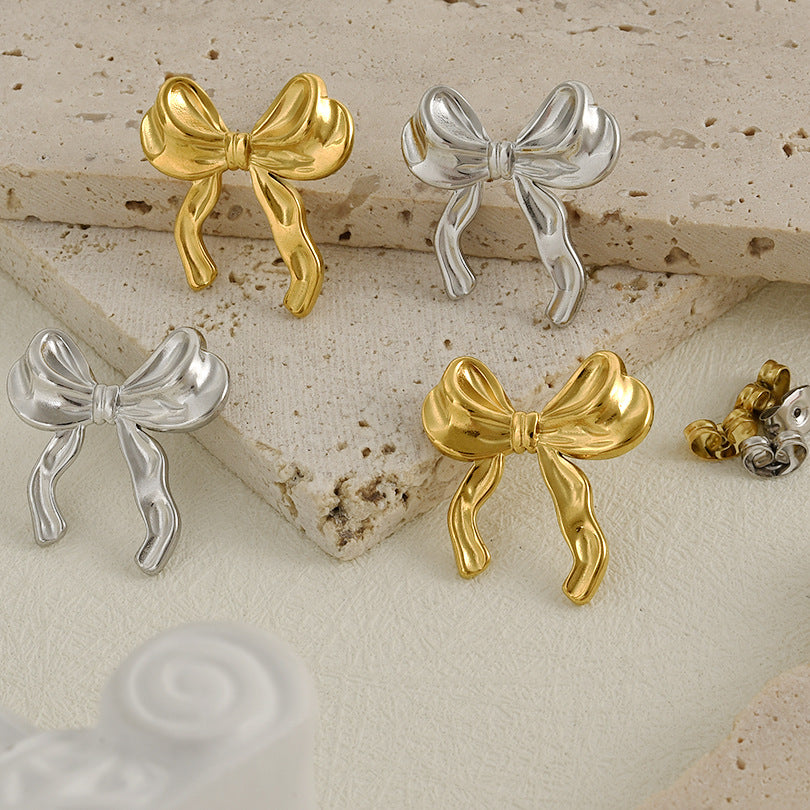 Stainless Steel Sweet Irregular Style Bow Earrings