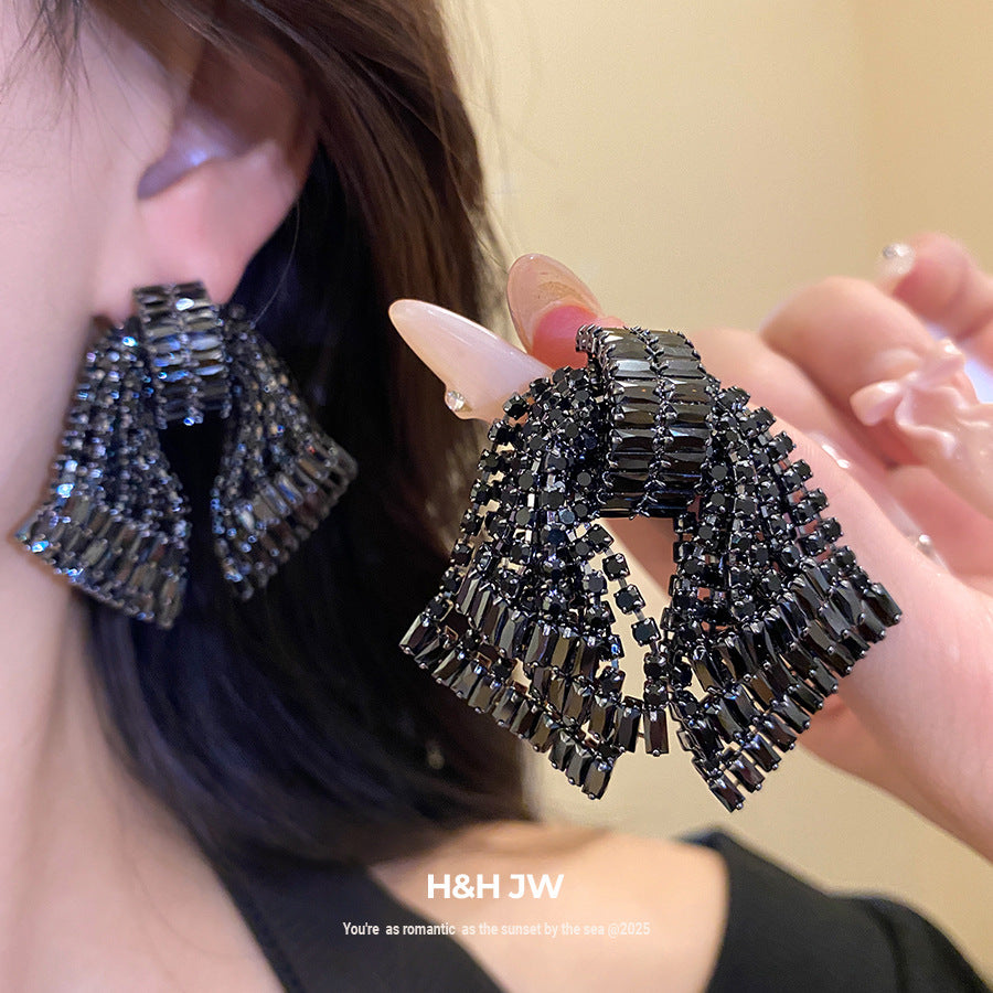 Exaggerated Sier Zircon Bow Fashion Delicate Light Luxury Earrings