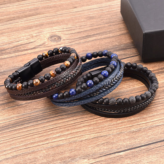 Men's Leather Woven Tigereye Magnet Beaded Titanium Bracelets