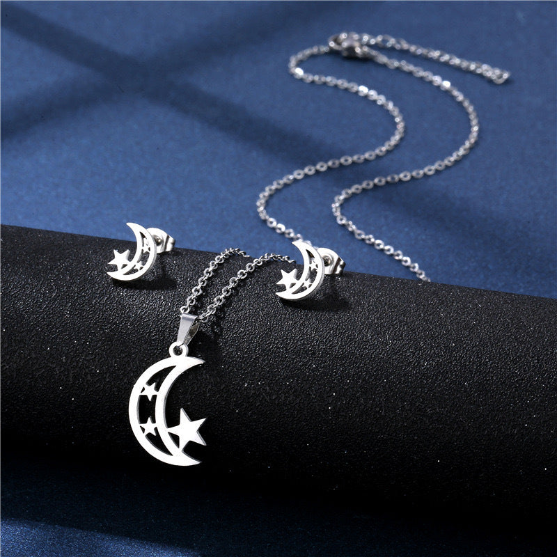 Steel Hollow Star Moon Three-piece Personal Earrings