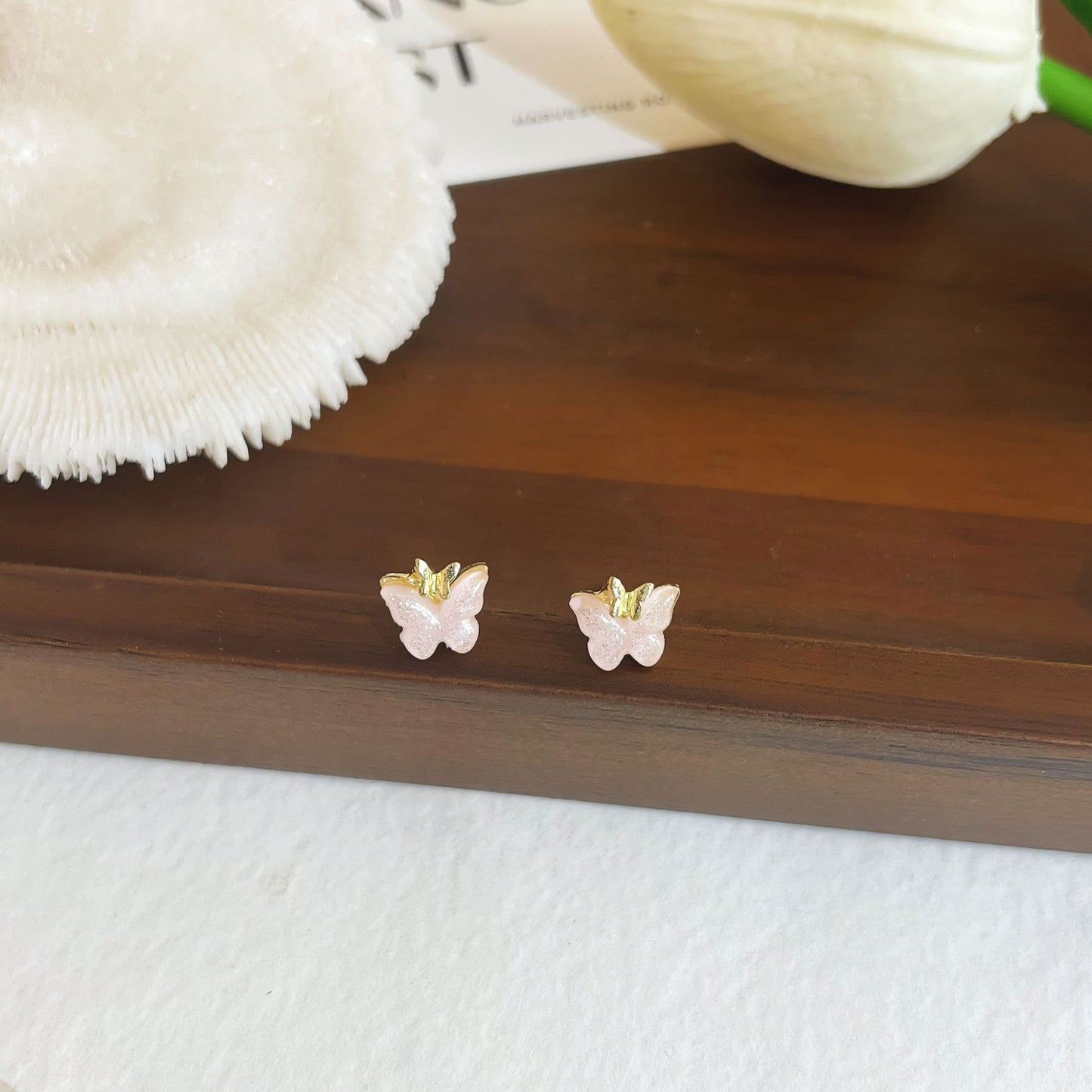 Pink White Butterfly Sier Female Fairy Earrings