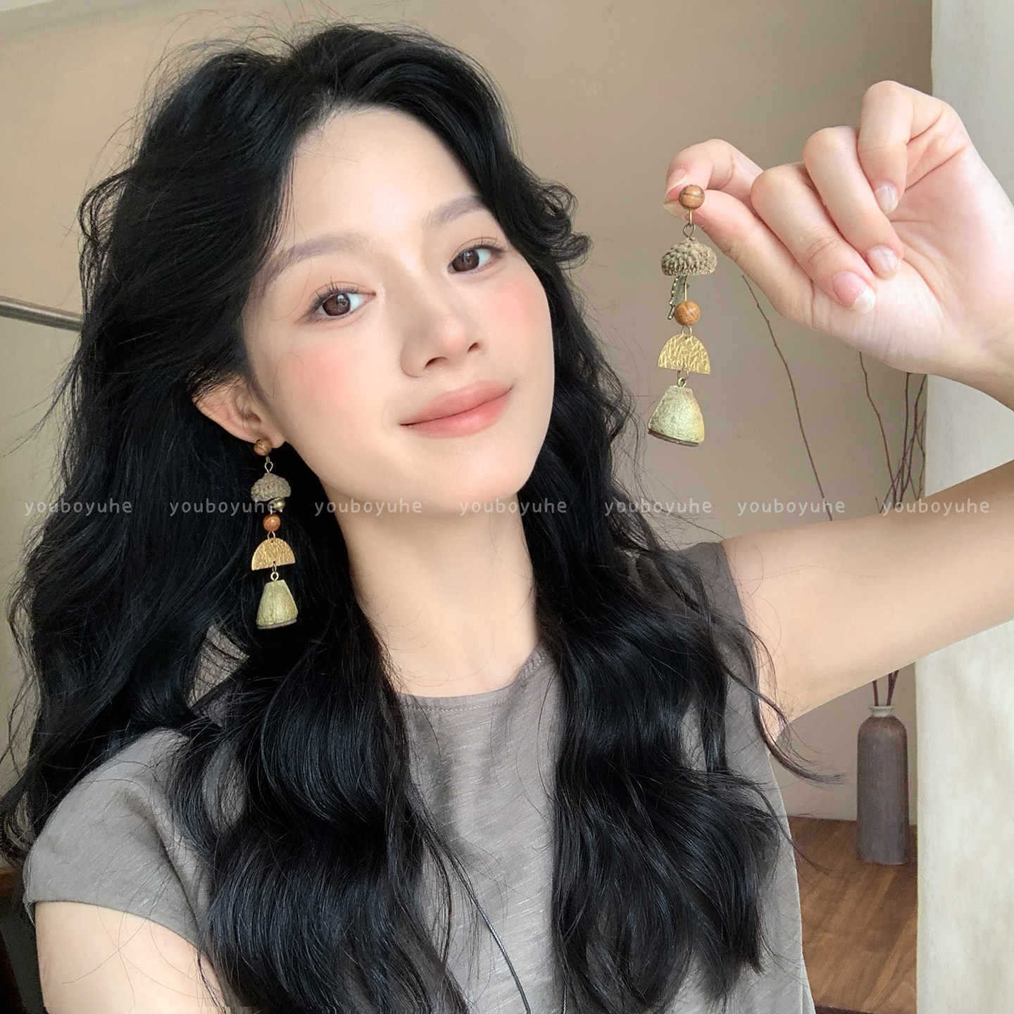 Vintage Mori Style Eucalyptus Fruit Long Design Unique Stud Earrings