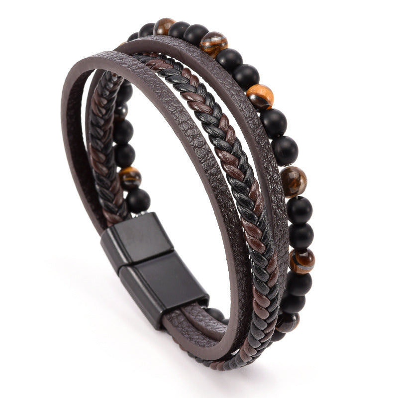 Men's Leather Woven Tigereye Magnet Beaded Titanium Bracelets