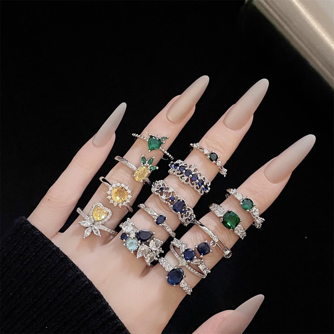 Women's Gems Open Light Luxury Emerald Zircon Flower Rings