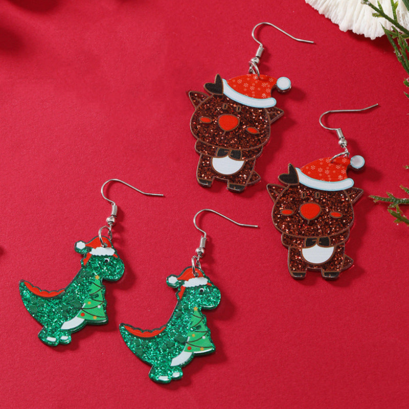 Christmas Fashion Hat Elk Dinosaur Acrylic Earrings