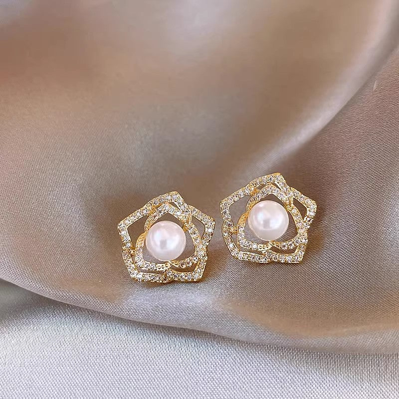 Needle Zircon Flower Pearl Tassel Retro Earrings