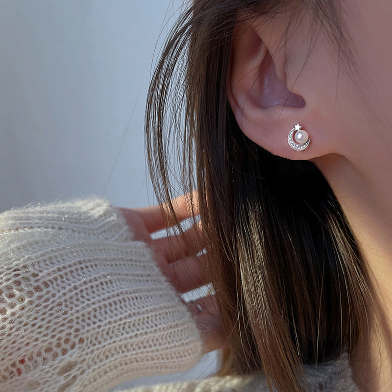 Women's Sterling Sier Small Star Moon Ear Simple Stud Earrings