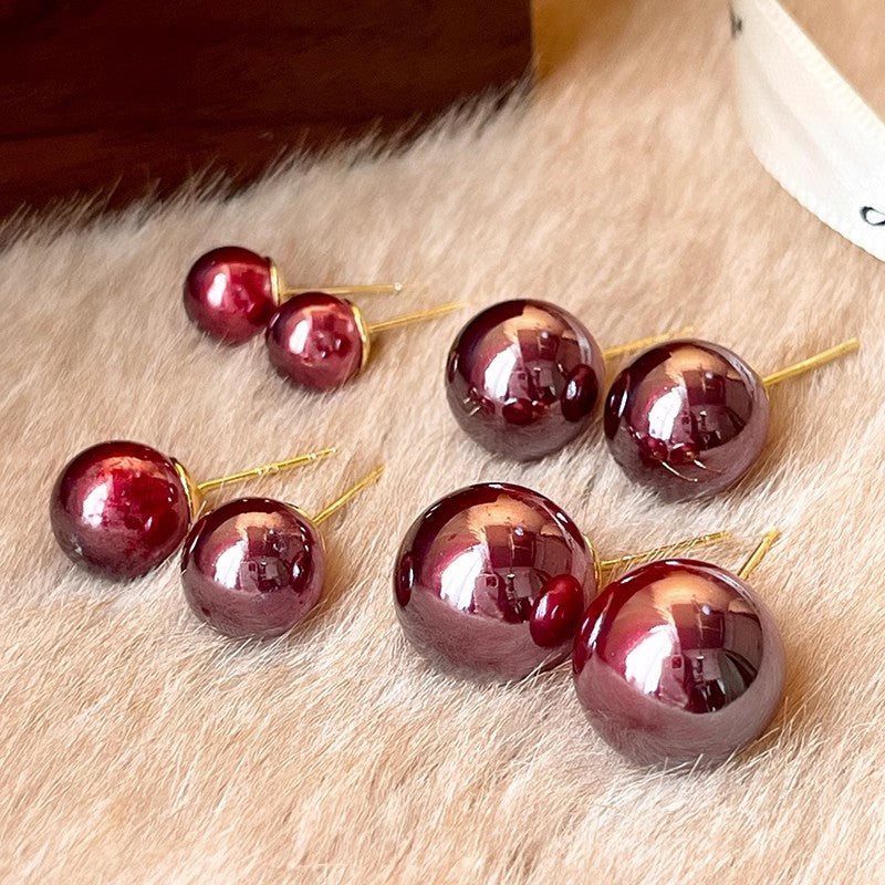 Wine Red Pearl Female Sier Needle French Earrings