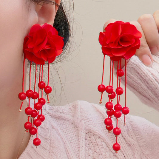 Exquisite Eye-catching Advanced Fabric Flower Beaded Tassel Long Rings