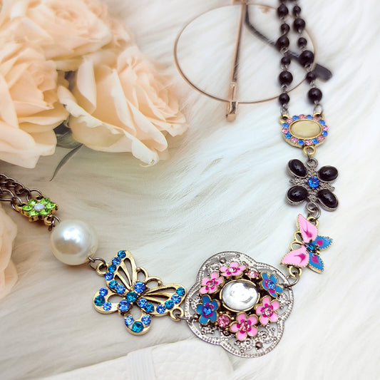 Colorful Rhinestone Butterfly Hollow Flower Pearl Necklaces