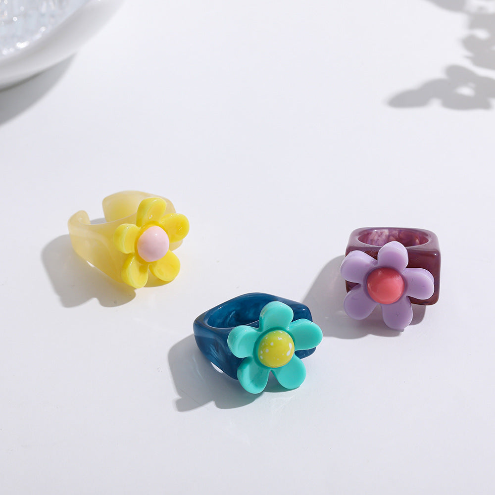 Candy Color Flower Temperament Design Resin Rings