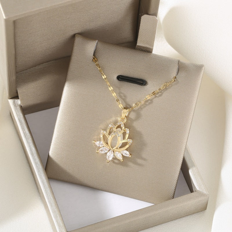 Lip Chain Grid Copper Micro Inlay Opal Lotus Temperament Entry Necklace