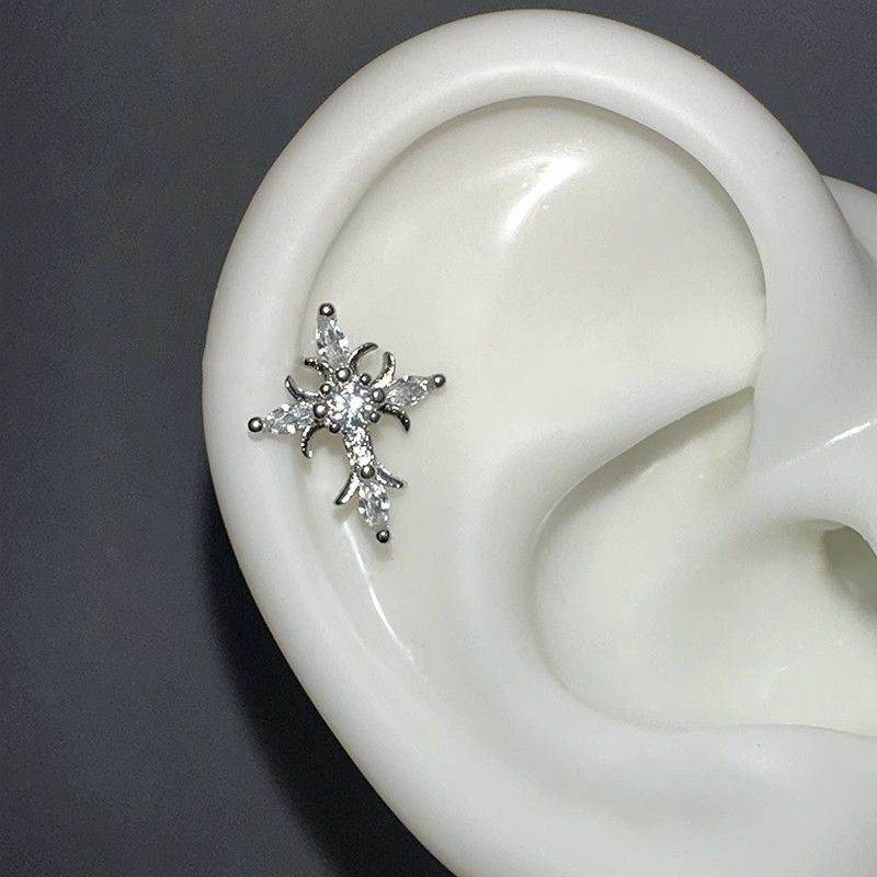 Cool Dark Style Zircon Cross Ear Bone Design Flower-de-luce Stud Earrings