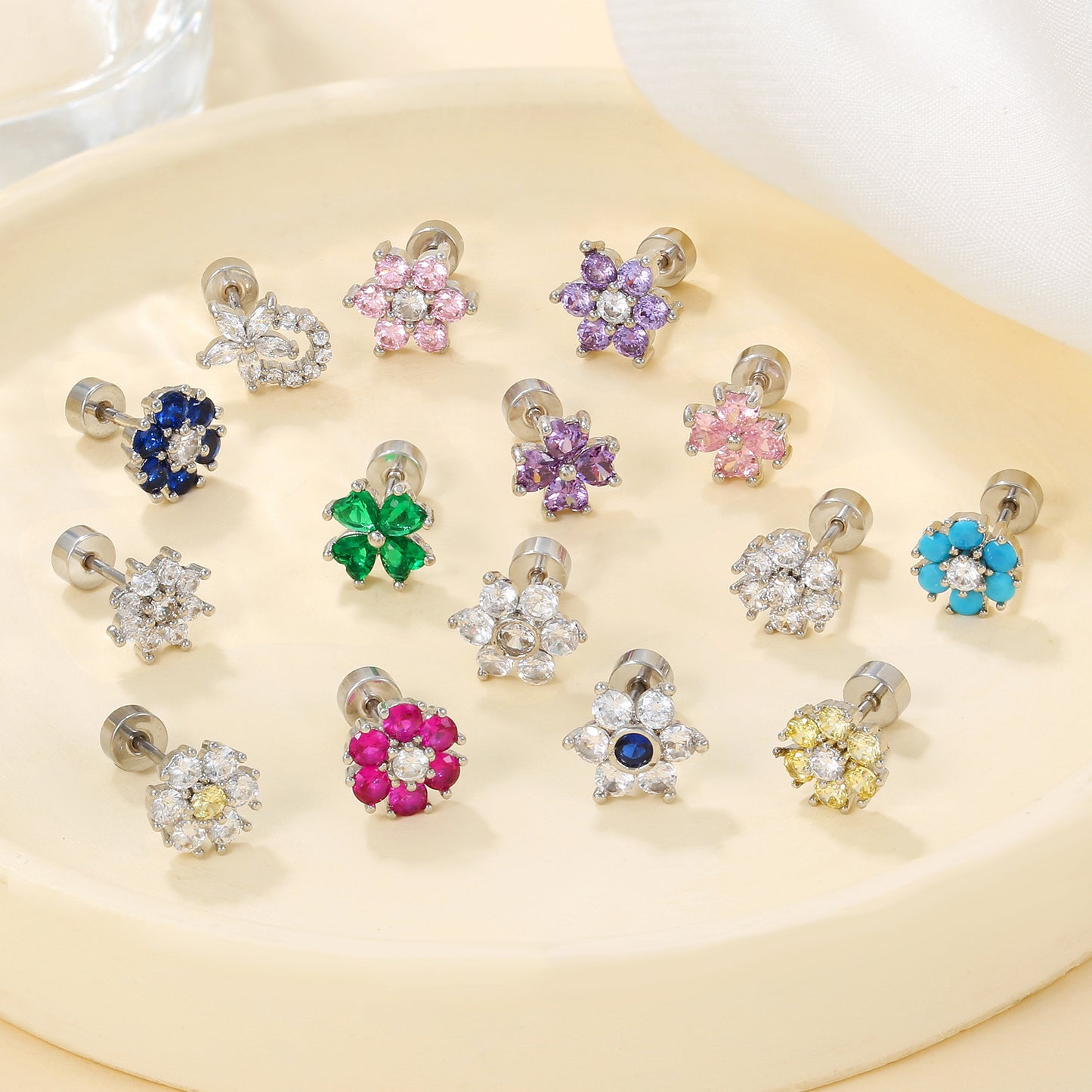 Zircon Ear Bone Pin Fresh Flower Stainless Earrings