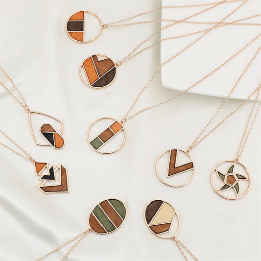 Design Popular Geometric Wood Color Contrast Patchwork Necklaces