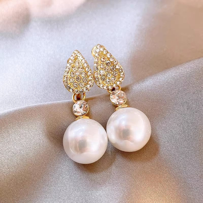 Needle Zircon Flower Pearl Tassel Retro Earrings