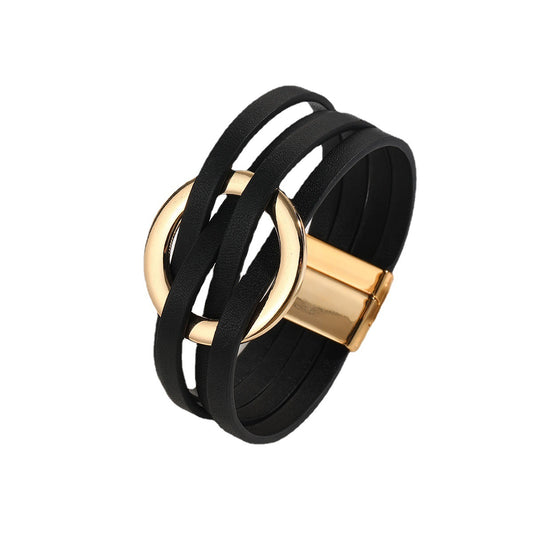 Women's Cross Leather Metal Big Cuff Bangle Rings