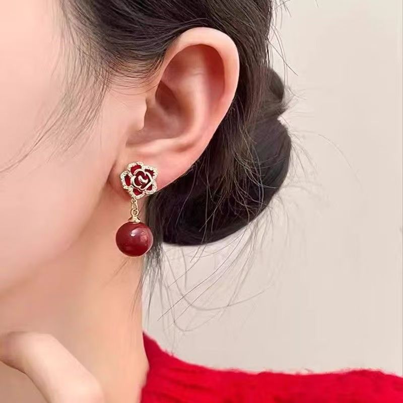 Women's Red Rose Sterling Sier Light Luxury Temperament Earrings