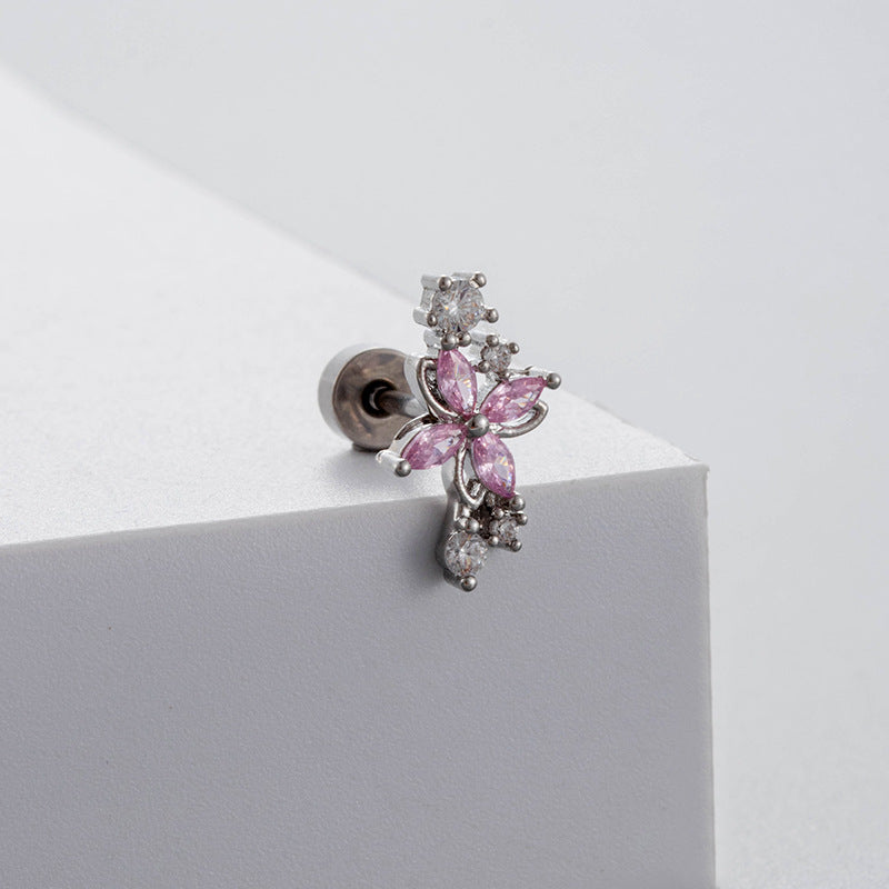 Titanium Steel Ear Bone Fairy Temperamental Pink Zircon Screw Earrings