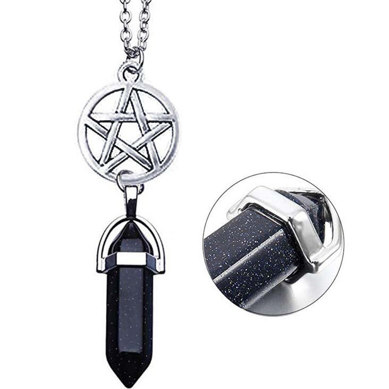 Women's Hexagon Prism Agate Hollow Moon Five-pointed Necklaces