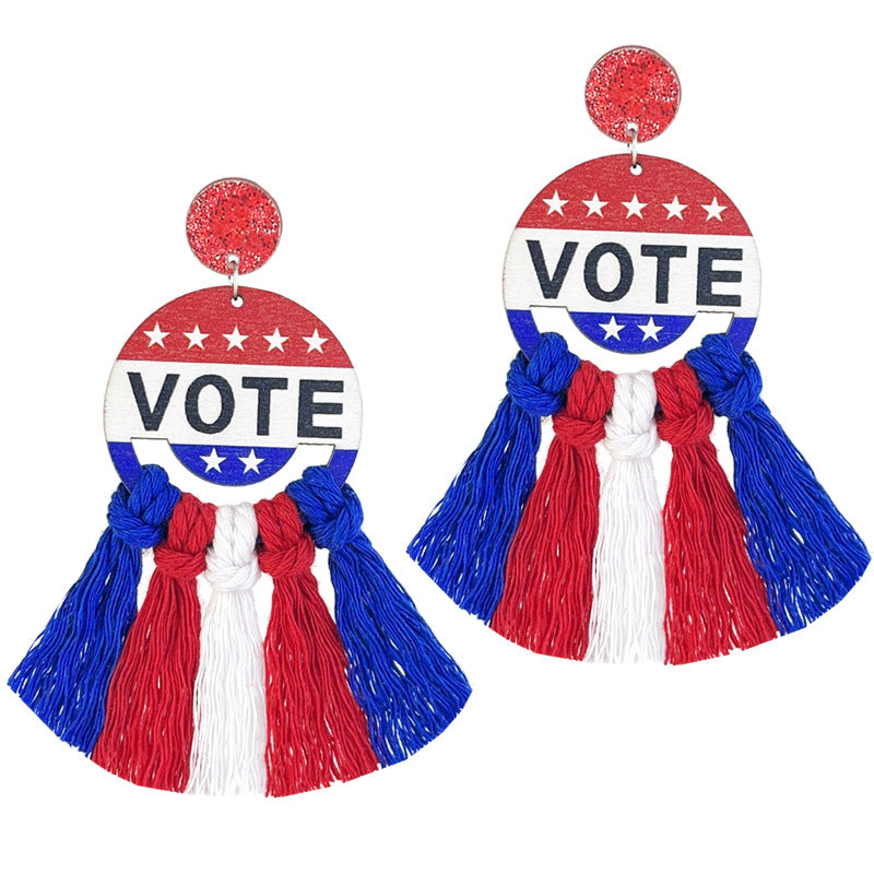 Classic Patriotic Ornament Supporter Wooden Tassel Earrings