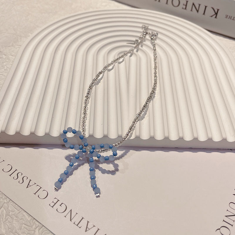 Women's Chain Bow Crystal String Beads Niche Necklaces