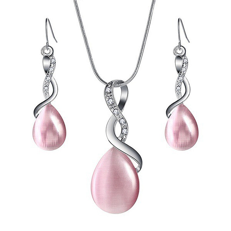 Simple Pink Water Drop Cat's Eye Rhinestone Jewelry Set