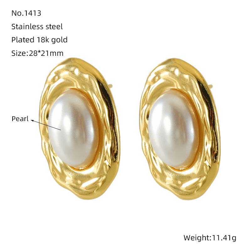 Entry Lux Love Oval Titanium Steel Fashion Pearl Pleated Earrings