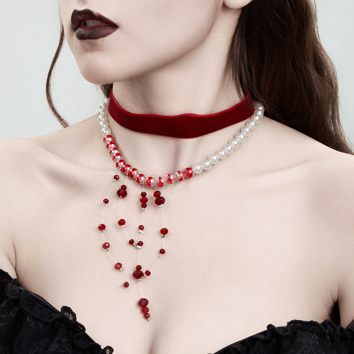 Pearl Halloween Blood Drop Tassel Imitation Crystal Necklaces