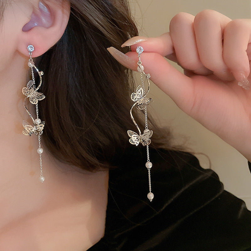 Needle Artificial Pearl Full Diamond Triangle Earrings