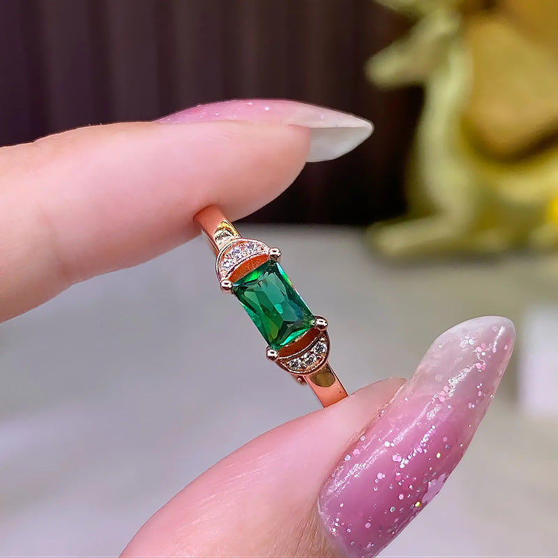 Women's Rectangular Chamfering Imitation Emerald Pigeon Blood Red Treasure Small Rings