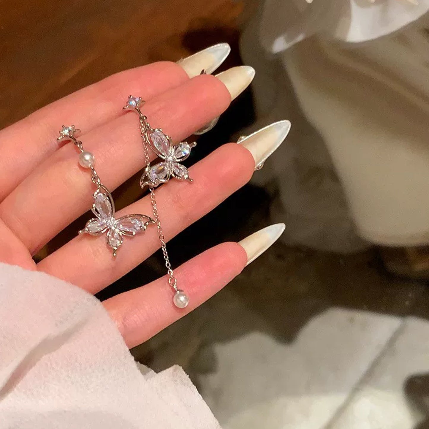Butterfly Zircon Pearl Tassel Female Asymmetric Stud Earrings