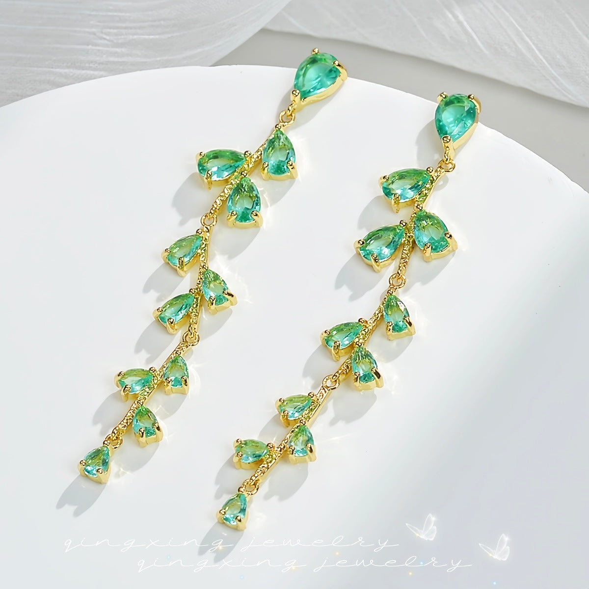 Light Green Long Zircon Tassel Niche Earrings