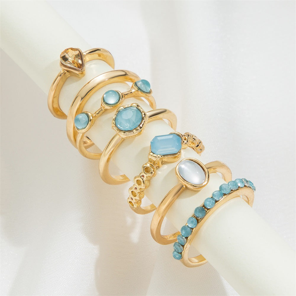 Korean Jewelry Colorful Retro Gemstone Set Rings