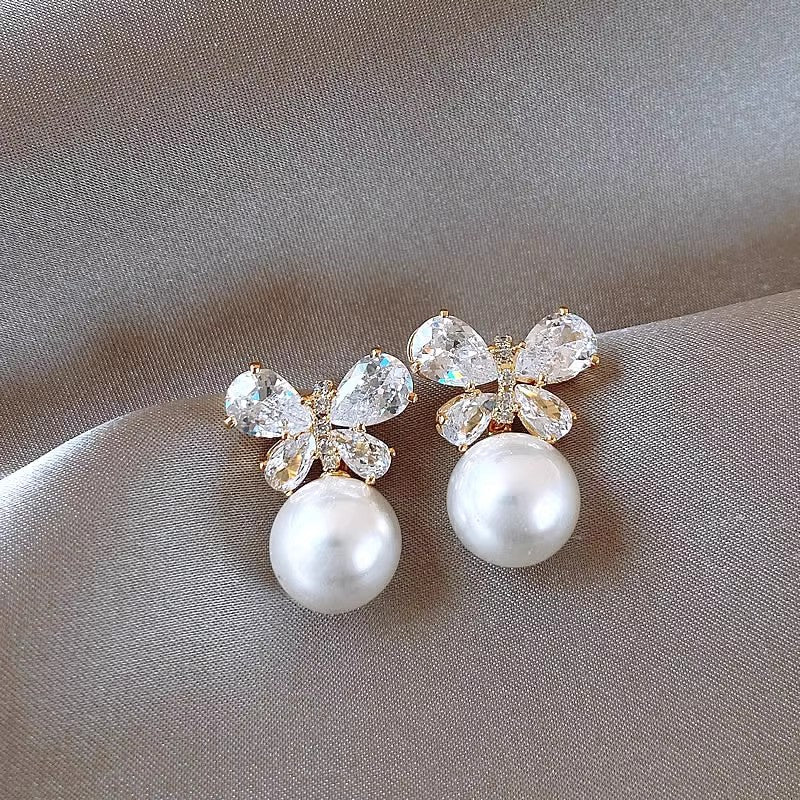 Needle Zircon Flower Pearl Tassel Retro Earrings