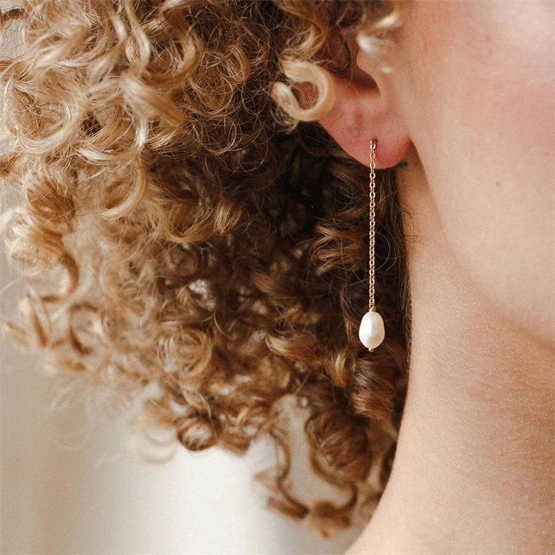 Water Pearl Baroque Ear Long Chain Earrings