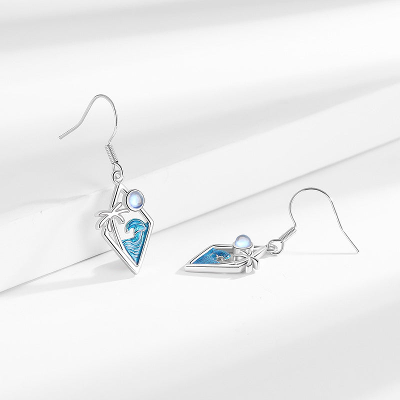 Decoration Design Wave Coconut Tree Moonstone Earrings