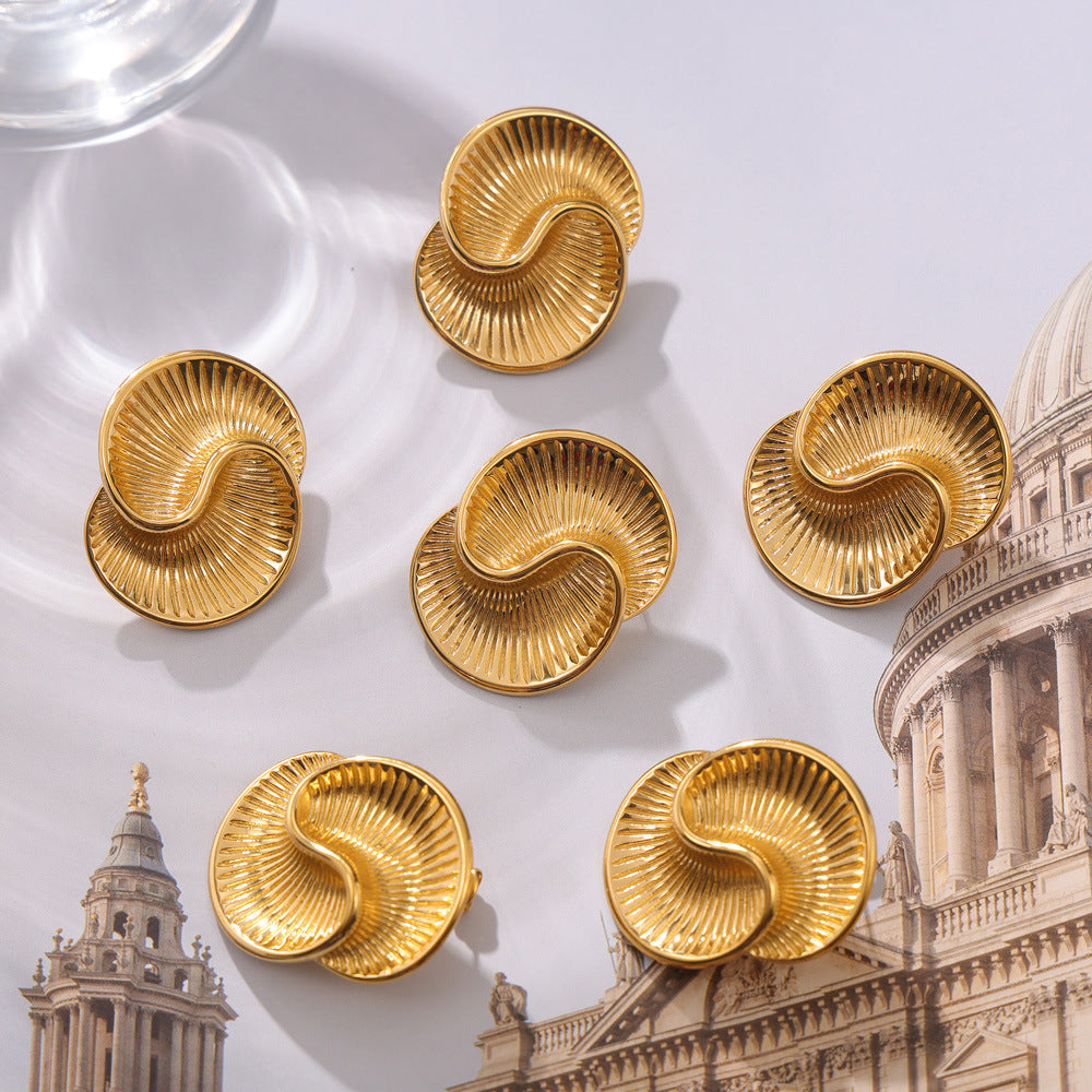 Women's Titanium Steel Gold-plated Water Drop Texture Spiral Asymmetric Color Stud Earrings