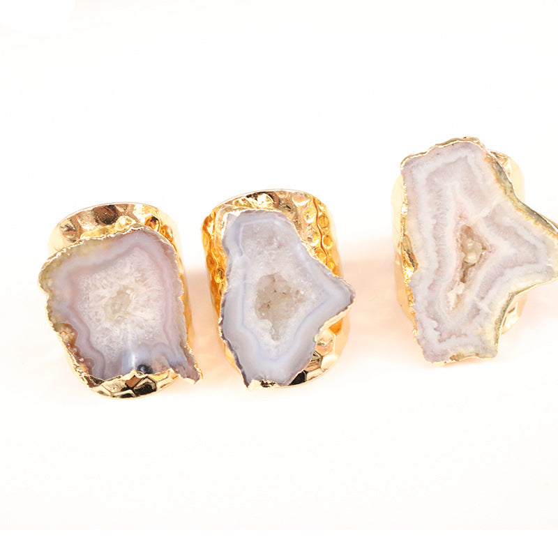 Agate Crystal Hole Rough Stone Electroplated Rings