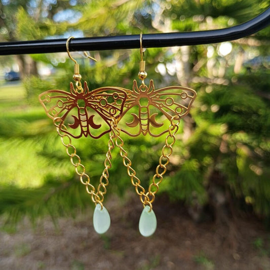 Gold Moth With Chain Drop-shaped Beads Full Of Fantasy Starry Earrings
