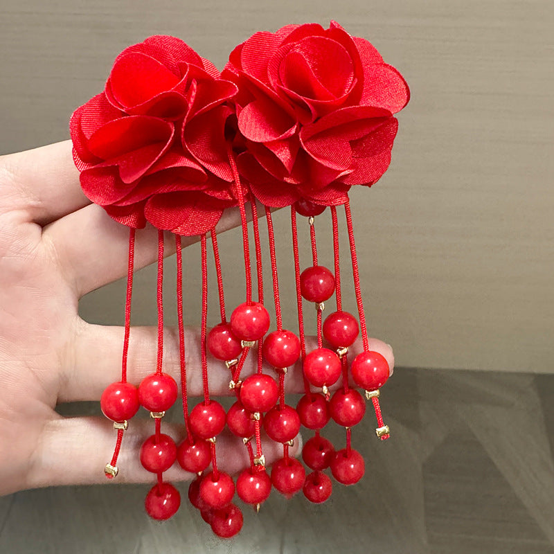 Exquisite Eye-catching Advanced Fabric Flower Beaded Tassel Long Rings