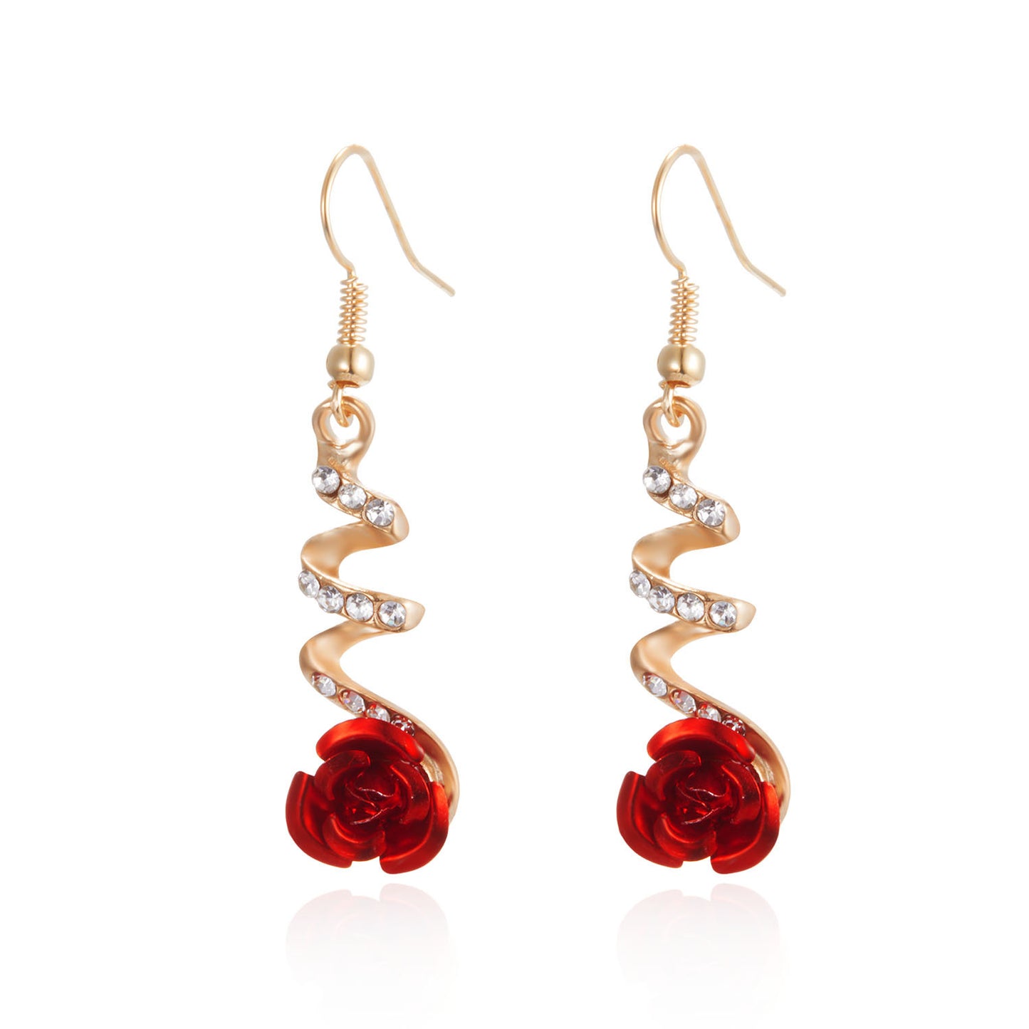 Women's Flower Long Red Rose Rhinestone Tassel Earrings