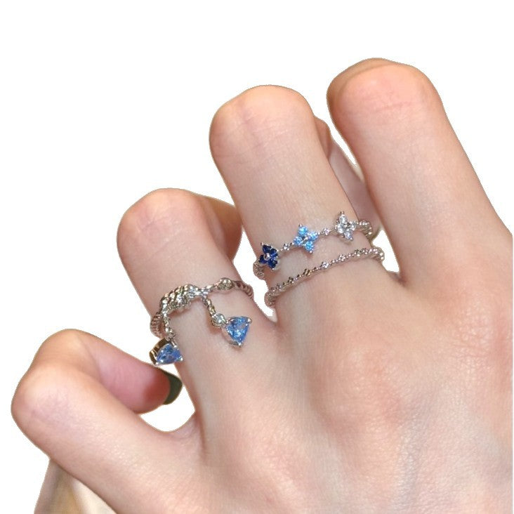Sea Blue Four-leaf Flower Stacked High-grade Light Ring