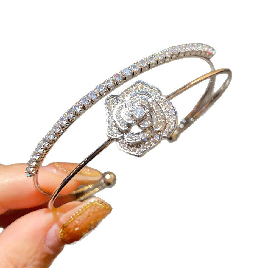 Cold Style Zircon Double Layer Flowers Openings Light Luxury High Bracelets