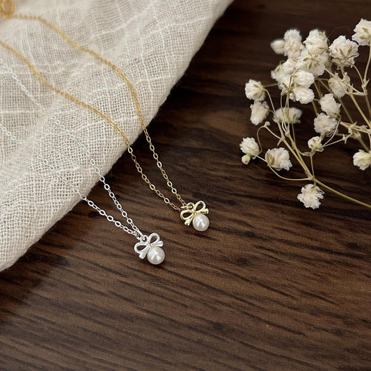 Fan Korean Style Sterling Sier Bow Necklaces