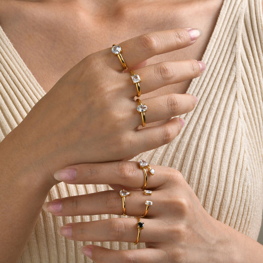 Women's Titanium Steel Black White Zircon Oval Water Drop Rings